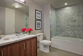 The lavish baths in The Emerson's apartments feature a marble counter and tub surround, walnut vanity with a Toto undermount sink, chrome fixtures and a mirrored medicine cabinet for additional storage.